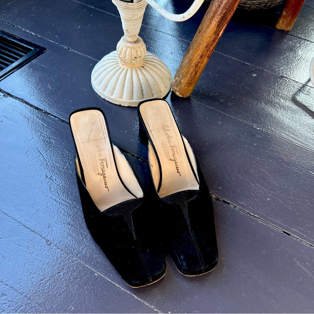 Ferragamo Black Suede Mules Size 8 *Vintage*